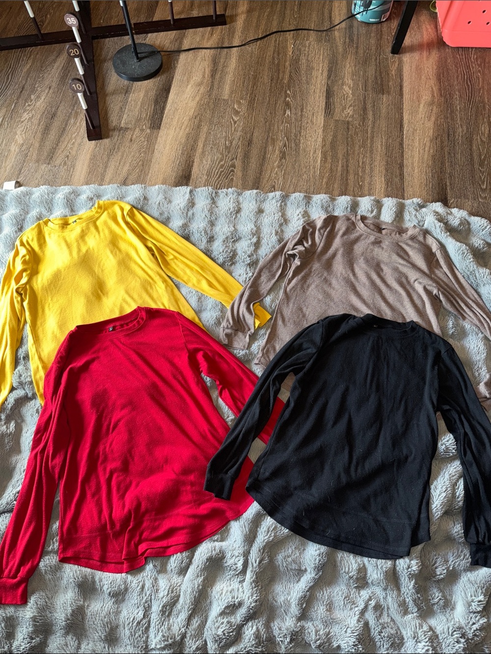 Set of 4 Solid Long Sleeve Crewneck Tunic Tops - Yellow, Red, Black, Taupe
